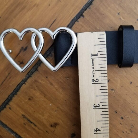 Double Heart Black Vegan Faux Leather Belt, Size S/M, Peg closure - Picture 6 of 8